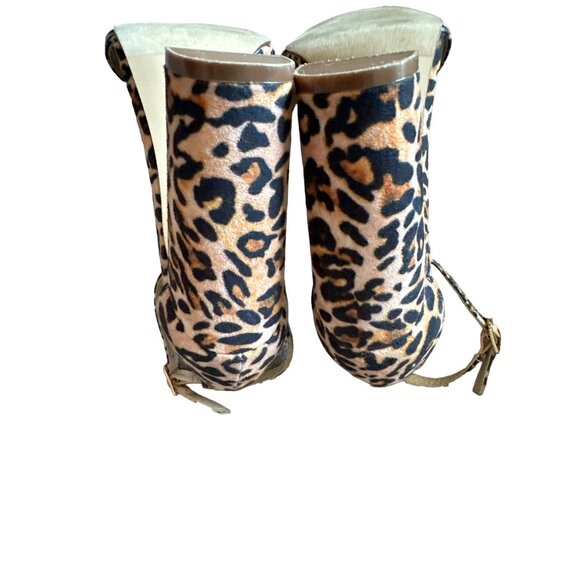 Lulus Taylor Leopard Sandals Suede Ankle Strap Heels Brown Black 4” Block 7.5 - Picture 7 of 8